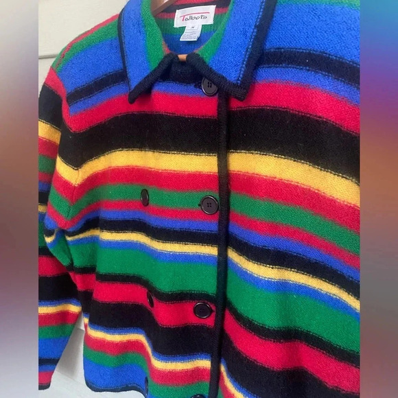 TALBOTS 90s vintage wool sweater rainbow striped peacoat cardigan sz M - Picture 3 of 15